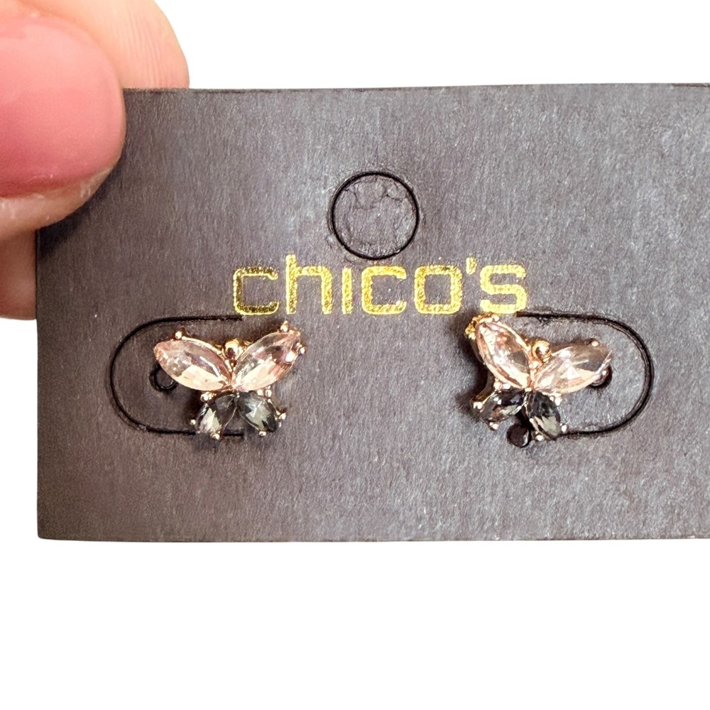 Vintage Chico's Butterfly Crystal Stud Earrings‎ Pink Gray Gold Tone NOS Y2K